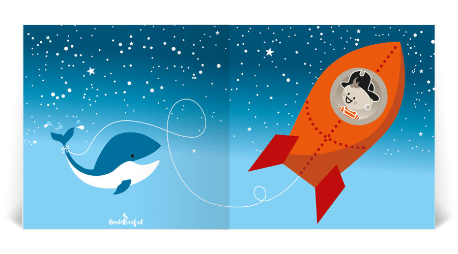 geboortekaartje noud raket piraat astronaut illustratie walvis